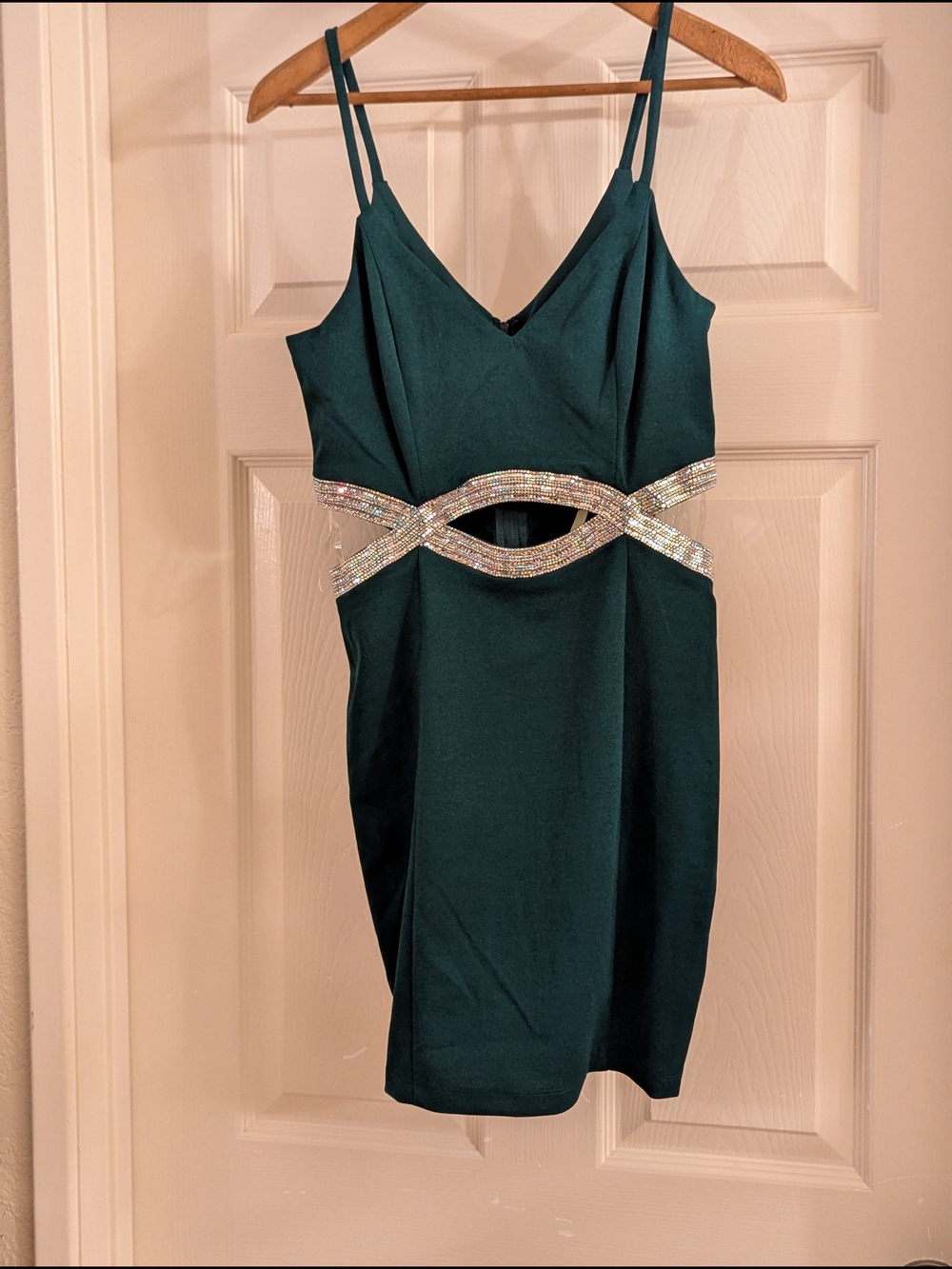 Emerald Green Crystal-Embellished Midriff Cutout Mini Dress Sz Medium